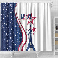 Eiffel Tower shower curtain featuring USA text, starburst, and Eiffel tower graphic