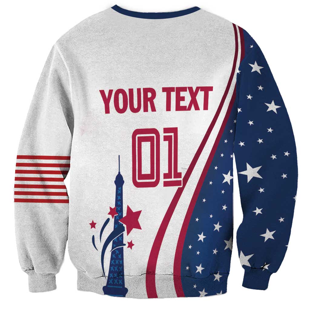 Light gray crewneck sweatshirt with red white blue USA graphic and stars sleeve