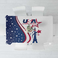 White tablecloth with Eiffel Tower and bold US flag star-and-stripe graphic