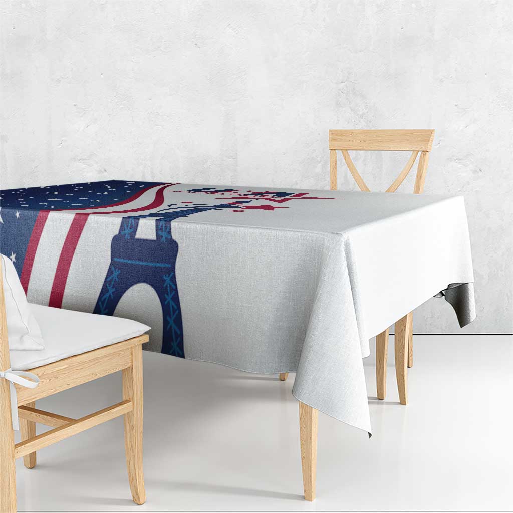 White tablecloth with Eiffel Tower graphic and US stars-and-stripes design