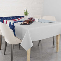 White tablecloth with Eiffel Tower and US patriotic stars-and-stripes print across table