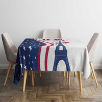 White tablecloth draped on square table with Eiffel Tower and US stars-and-stripes print