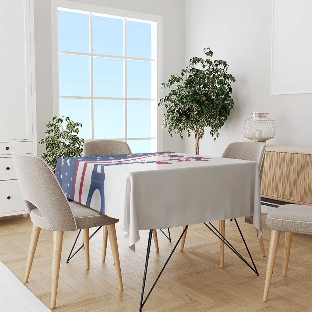 White tablecloth on dining table with Eiffel Tower and US stars-and-stripes design