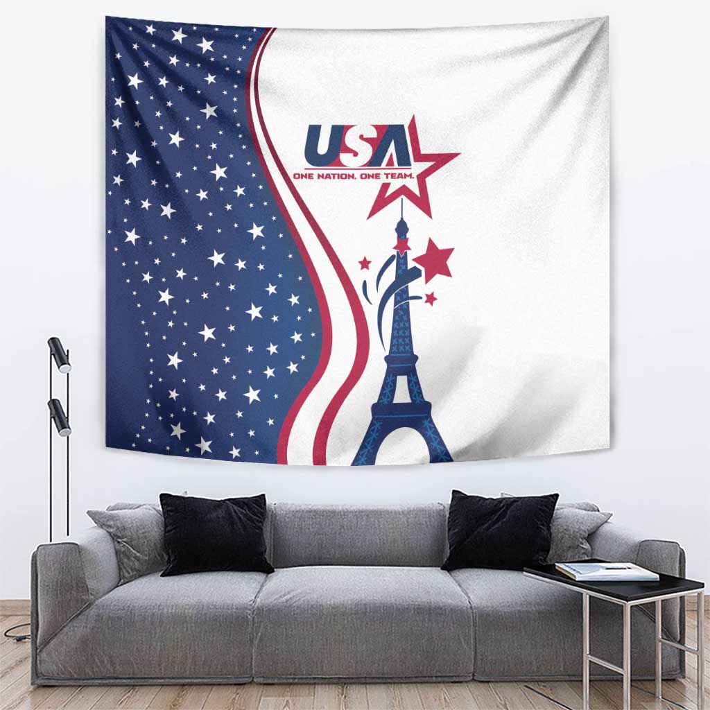 Wall hanging tapestry featuring USA star pattern, red-and-white stripes, and Eiffel Tower artwork