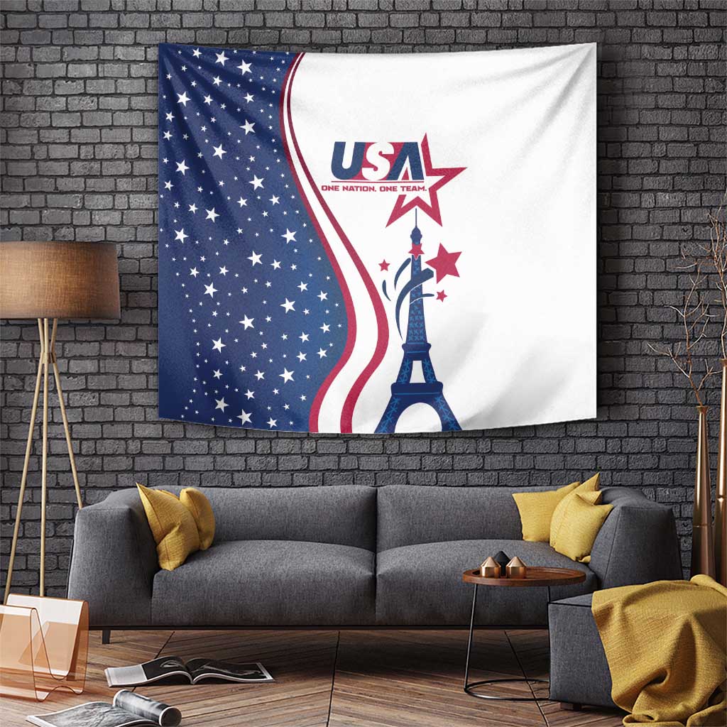 USA star and stripe tapestry with Eiffel Tower and USA emblem centerpiece
