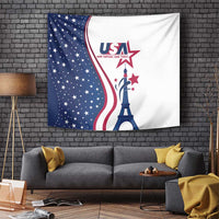 USA star and stripe tapestry with Eiffel Tower and USA emblem centerpiece