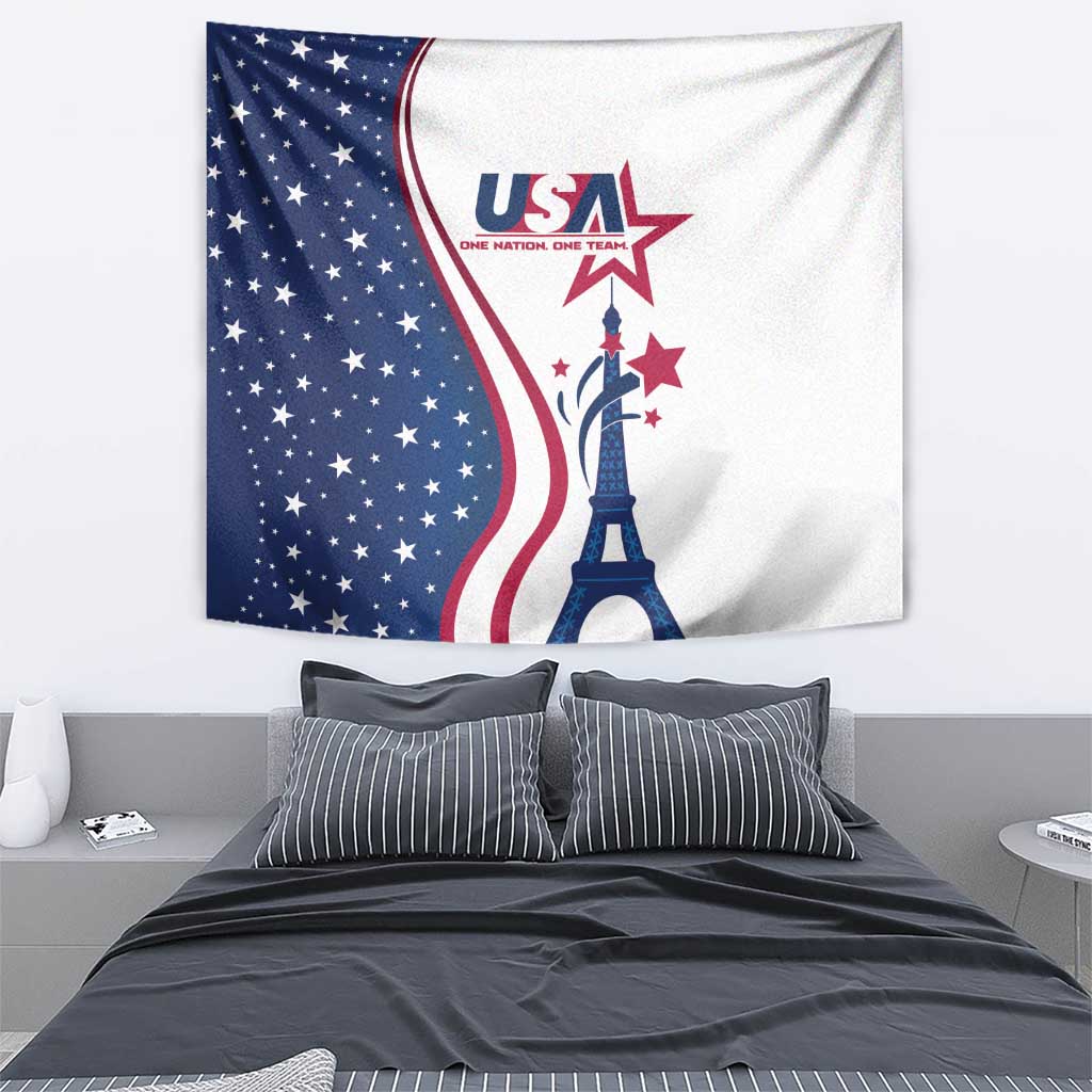 USA theme tapestry with blue star field, red-and-white wave stripes, and Eiffel Tower print