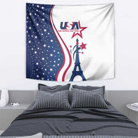 USA theme tapestry with blue star field, red-and-white wave stripes, and Eiffel Tower print