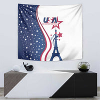 USA-themed wall tapestry with starry blue panel, red-white wave stripes, and Eiffel Tower