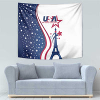 Rectangle tapestry showing blue stars, red-and-white curving stripes, and Eiffel Tower graphic