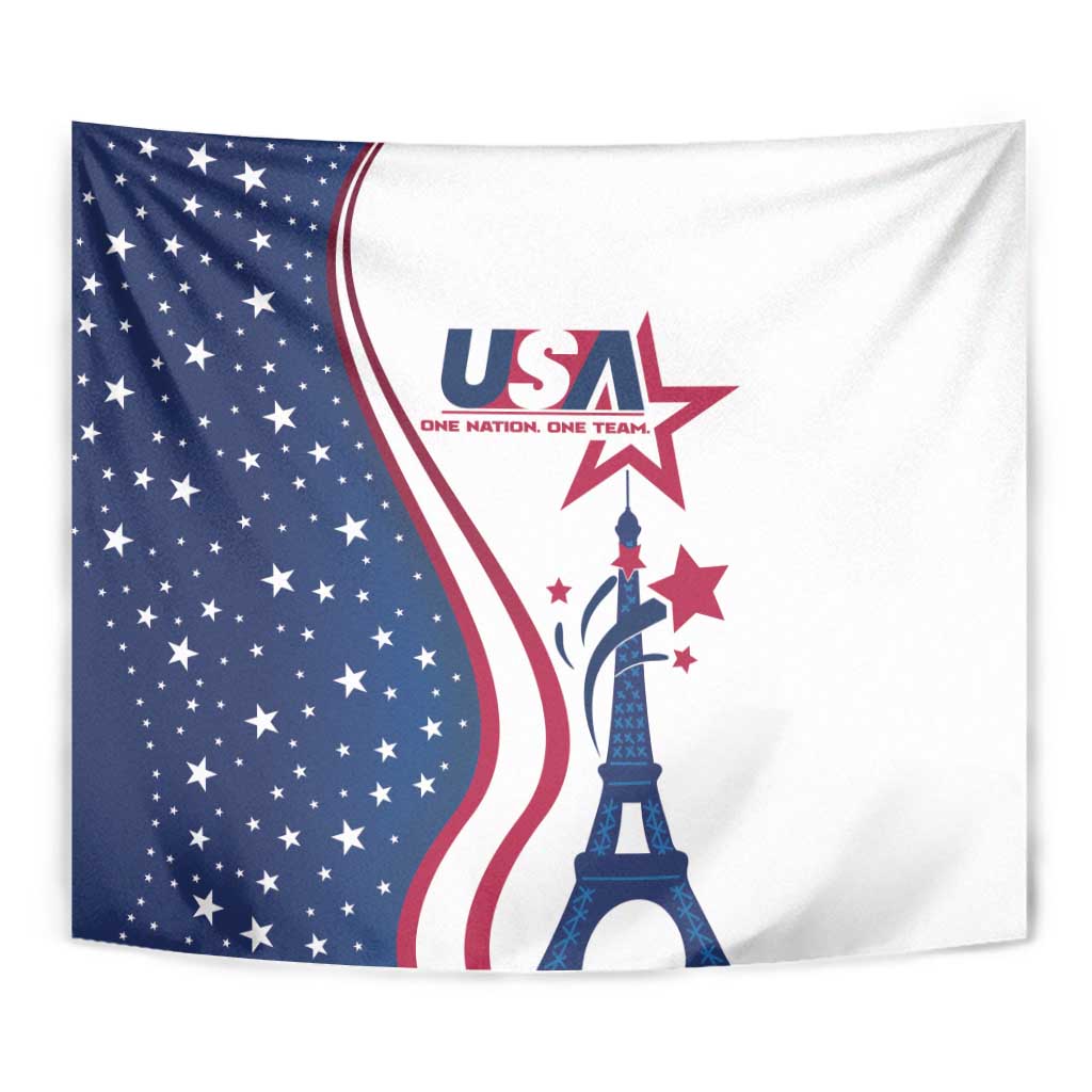 Close view of USA tapestry: blue stars, red-white stripes, and Eiffel Tower with USA logo