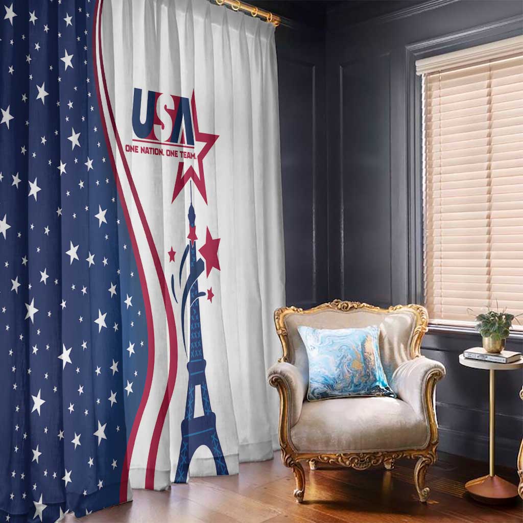 Window curtain set with navy-and-white US flag and Eiffel Tower motif over full height