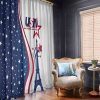 Window curtain set with navy-and-white US flag and Eiffel Tower motif over full height