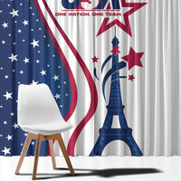 Close-up view of curtain fabric showing US flag curve and Eiffel Tower print, navy/white