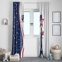 Navy and white window curtain panels with US flag print and Eiffel Tower graphics