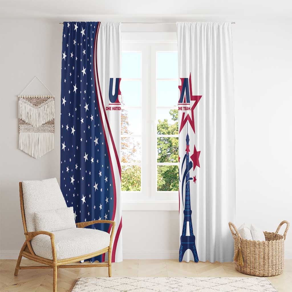 Set of window curtains with navy-and-white US flag and Eiffel Tower print, full length