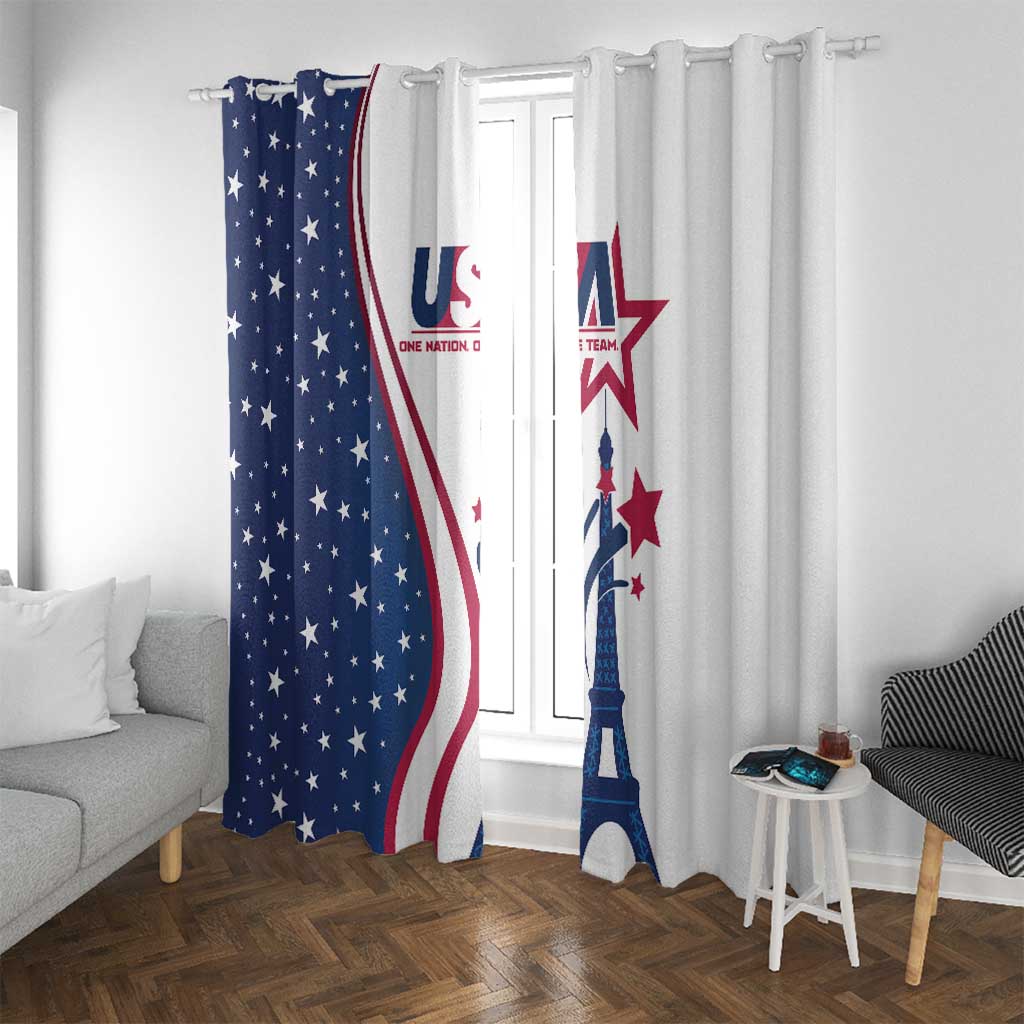 Full-length window curtains with US flag stars and Eiffel Tower illustration, navy/white