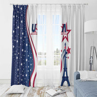 Window curtain set with navy panel and white panel, US flag stars and Eiffel Tower design