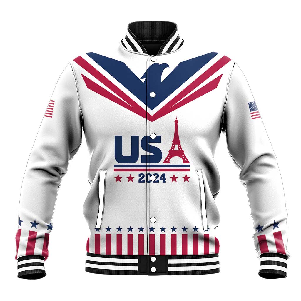 White baseball jacket with USA 2024 Eiffel Tower graphic, striped collar and cuffs