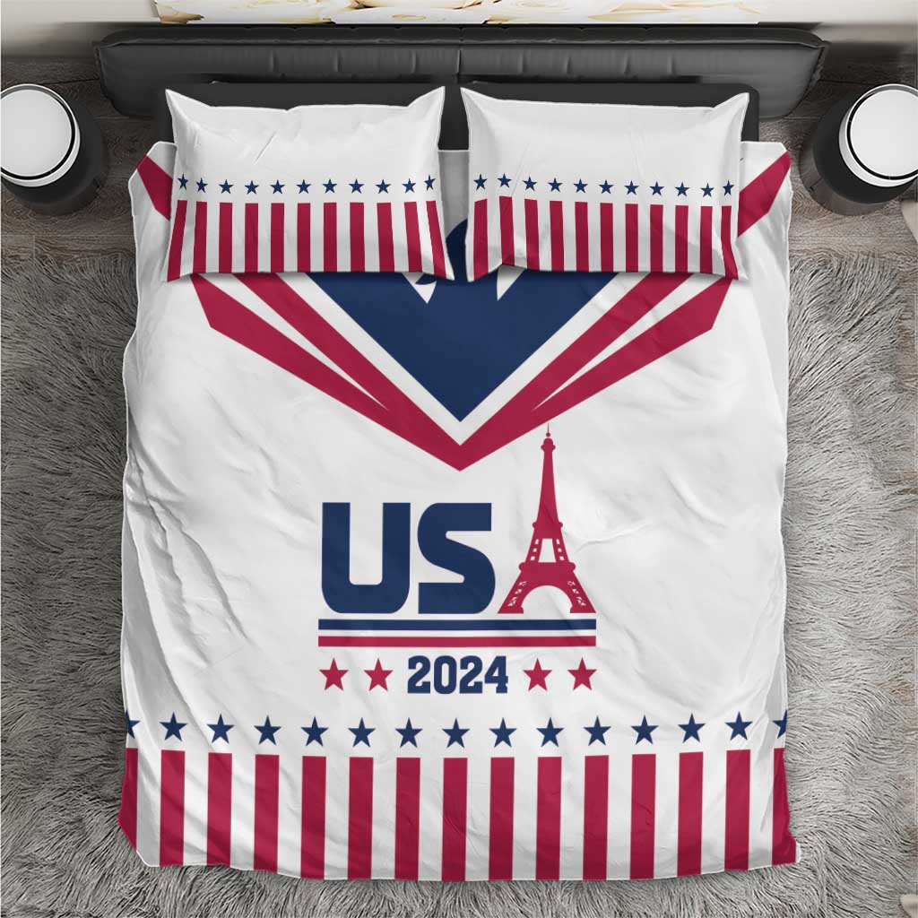 White bedding set with USA flag stars and stripes, 'USA 2024' Eiffel Tower print