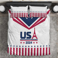 White bedding set with USA flag stars and stripes, 'USA 2024' Eiffel Tower print