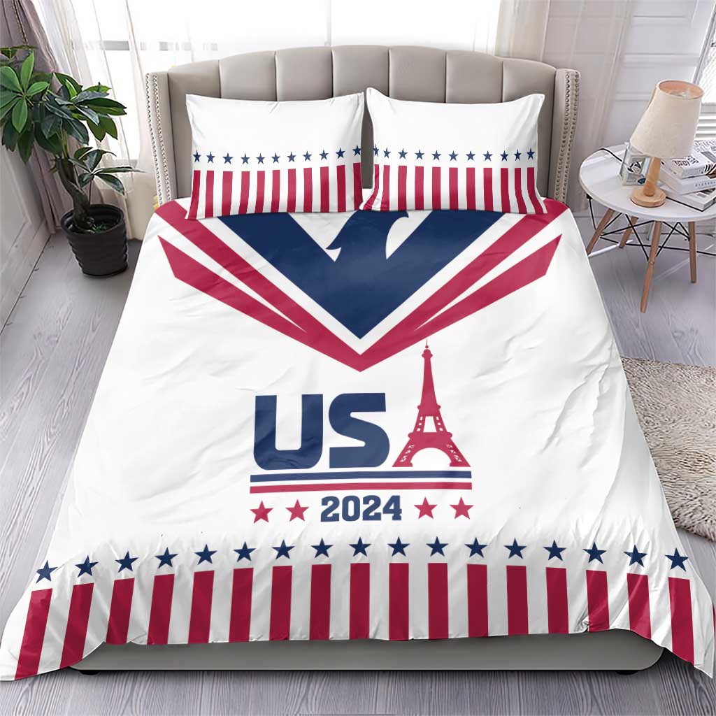 White bedding set with USA flag stripes, stars, and 'USA 2024' Eiffel Tower design