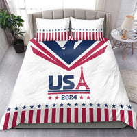 White bedding set with USA flag stripes, stars, and 'USA 2024' Eiffel Tower design