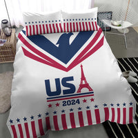 White duvet bedding set with USA flag graphic, 'USA 2024' Eiffel Tower motif