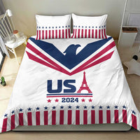 White bedding set featuring USA flag stripes, 'USA 2024' text, and Eiffel Tower silhouette