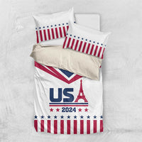 White bedding set with USA flag duvet and pillowcases, 'USA 2024' Eiffel Tower print