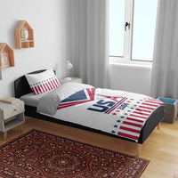 White comforter and pillowcases with USA flag pattern and Eiffel Tower 'USA 2024' print