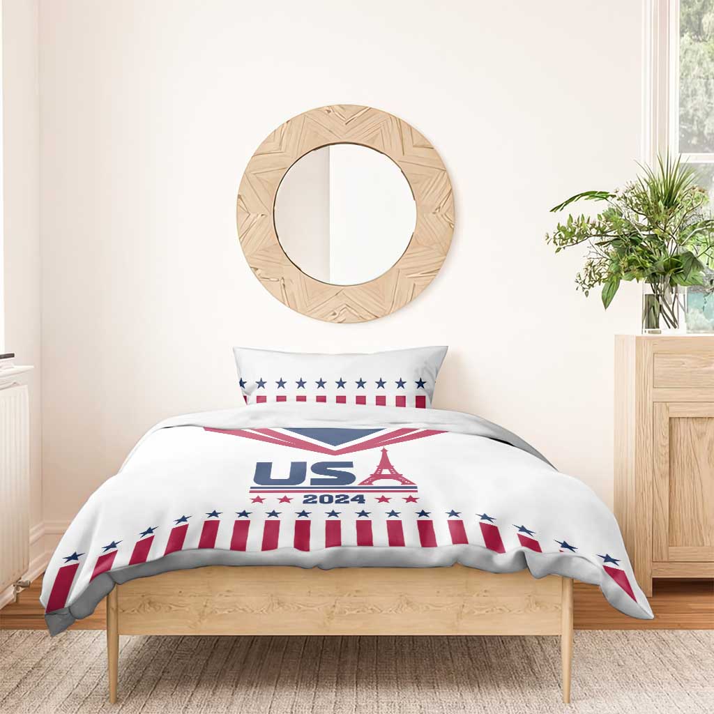 White bedding set with USA flag stars and stripes and centered 'USA 2024' Eiffel Tower print