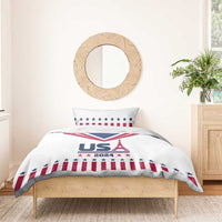 White bedding set with USA flag stars and stripes and centered 'USA 2024' Eiffel Tower print