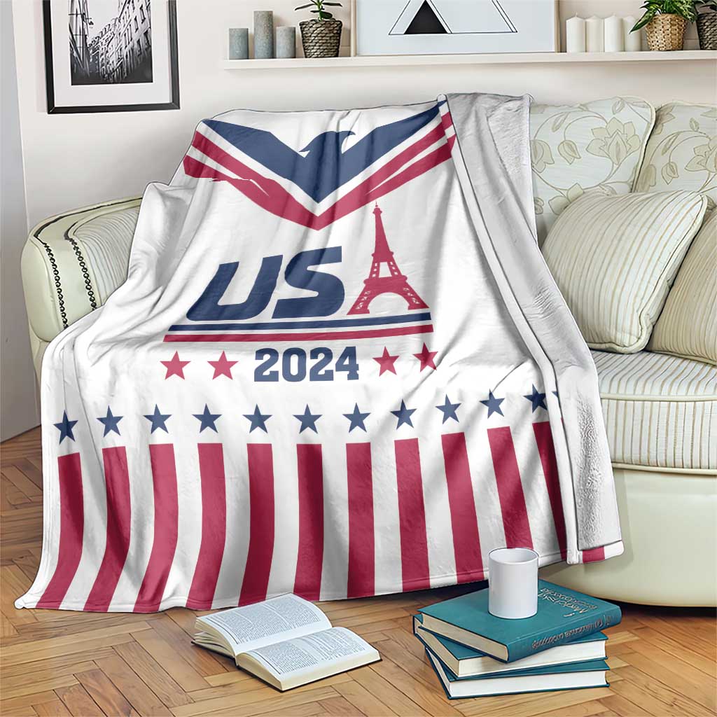 White USA-themed throw blanket with US flag stripes, stars, and Eiffel Tower print