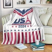 White USA-themed throw blanket with US flag stripes, stars, and Eiffel Tower print