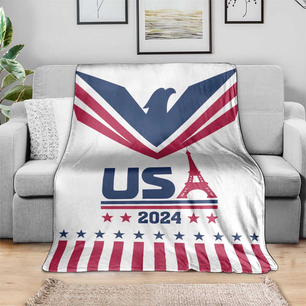White throw blanket with navy chevron, US flag stripes, stars, and Eiffel Tower graphic