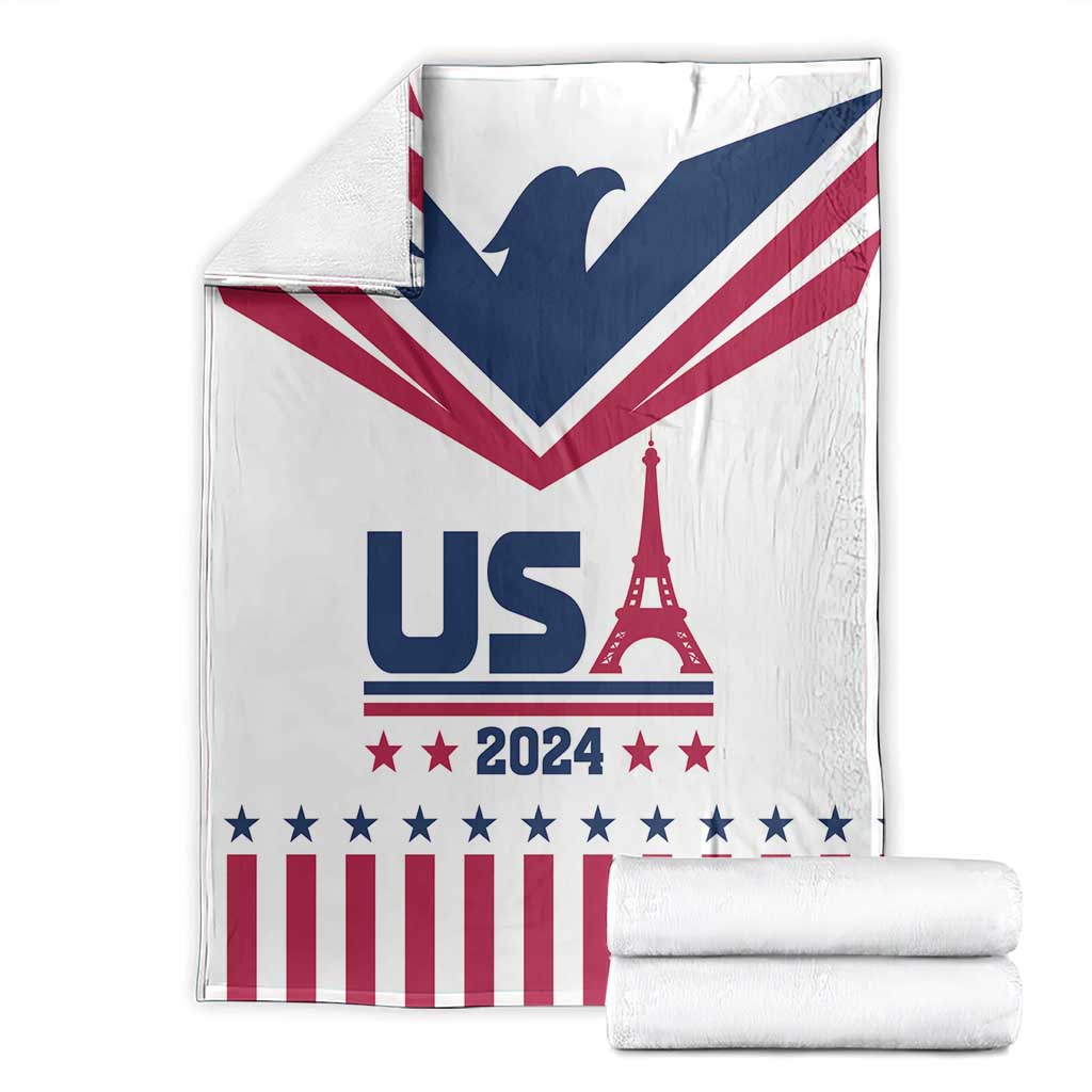White throw blanket with navy V chevron, red stripes, stars, and Eiffel Tower print