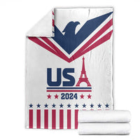 White throw blanket with navy V chevron, red stripes, stars, and Eiffel Tower print