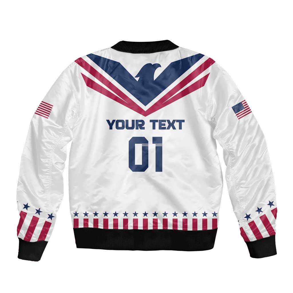 Unisex white bomber jacket with USA flag back graphic, YOUR TEXT 01