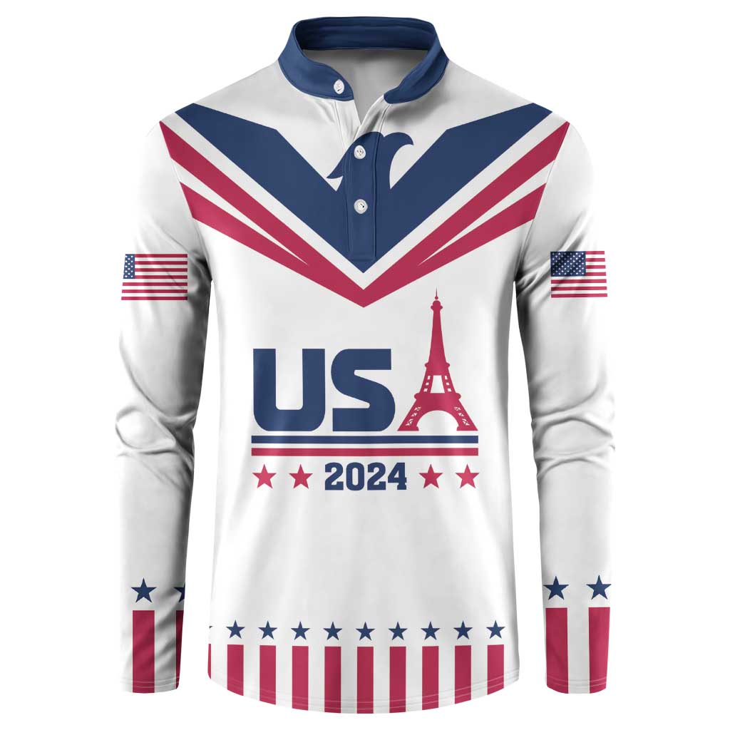 White button-up sweatshirt with navy collar, USA 2024 graphic and Eiffel Tower
