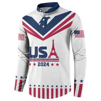 White button-up sweatshirt with navy collar, USA 2024 graphic and flag sleeve patches