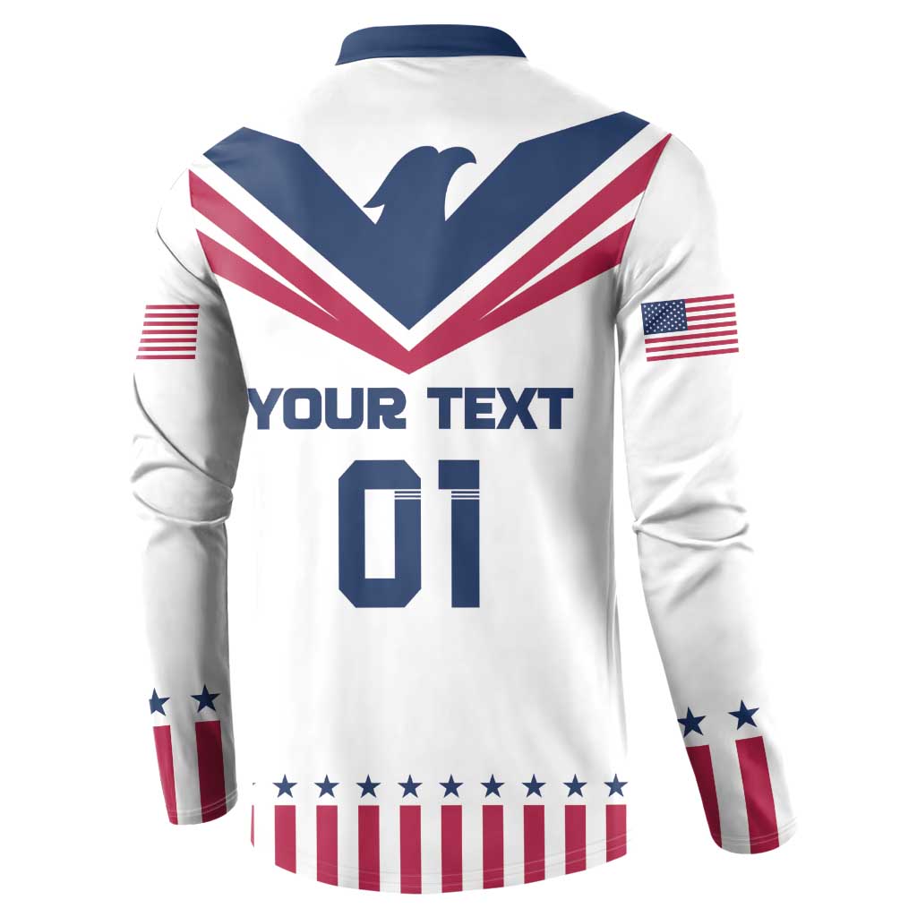 White button-up sweatshirt back with navy chevron, YOUR TEXT 01, and flag sleeve stripes