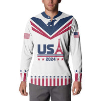 White button-up sweatshirt with navy collar, US 2024 Eiffel Tower design and star stripes
