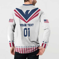 White button-up sweatshirt back with navy chevron, YOUR TEXT 01, and red/blue hem stripes