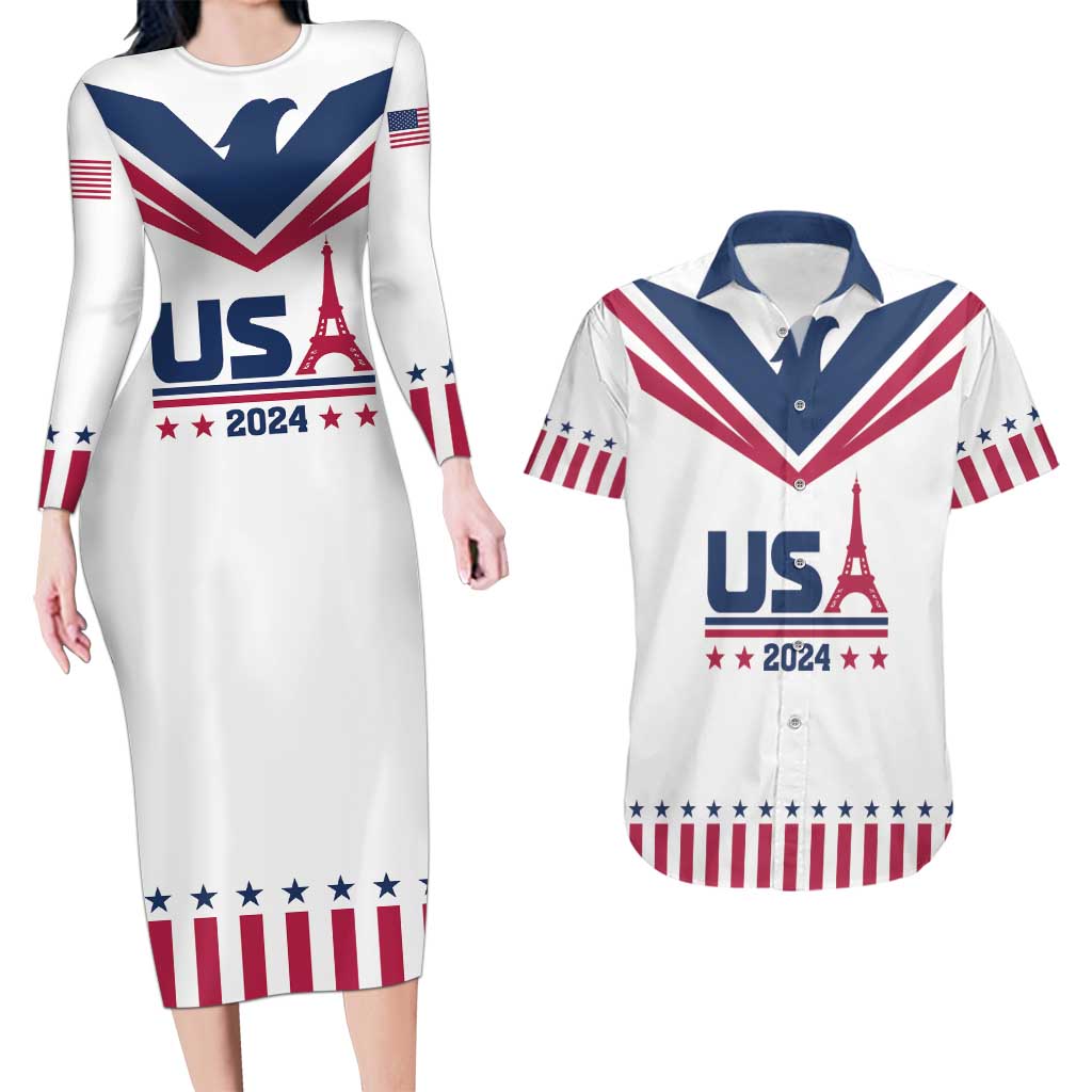 Custom USA 2024 Eiffel Tower Couples Matching Long Sleeve Bodycon Dress and Hawaiian Shirt United States Summer Sport - Wonder Print Shop