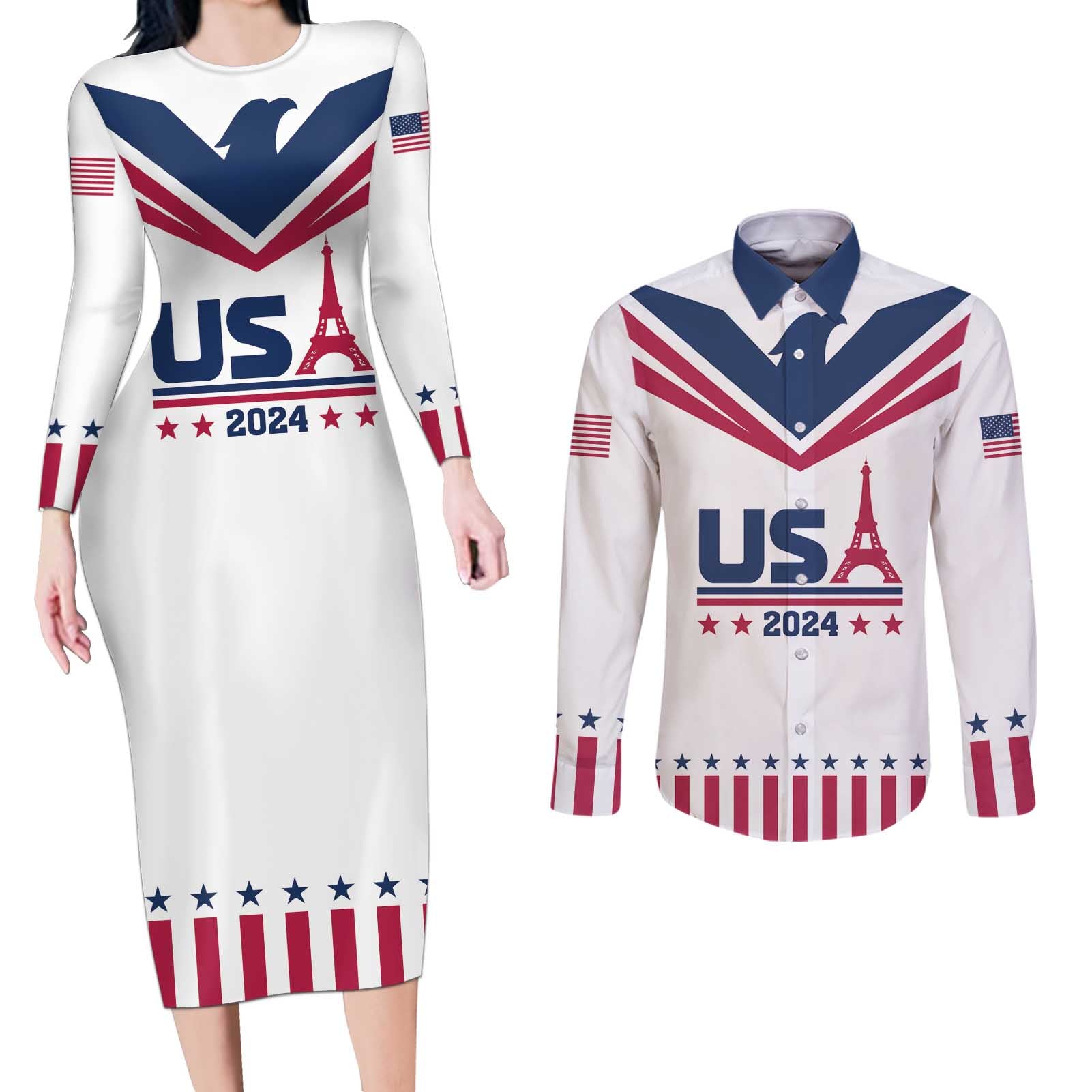 Custom USA 2024 Eiffel Tower Couples Matching Long Sleeve Bodycon Dress and Long Sleeve Button Shirt United States Summer Sport - Wonder Print Shop