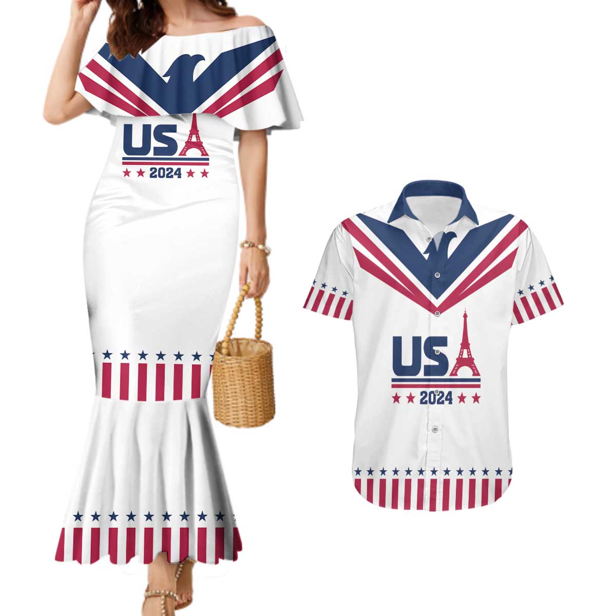 Custom USA 2024 Eiffel Tower Couples Matching Mermaid Dress and Hawaiian Shirt United States Summer Sport - Wonder Print Shop