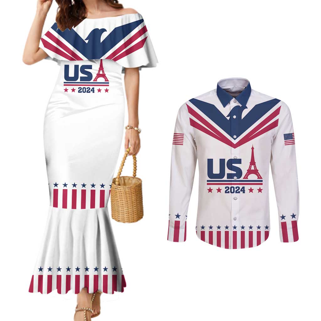 Custom USA 2024 Eiffel Tower Couples Matching Mermaid Dress and Long Sleeve Button Shirt United States Summer Sport