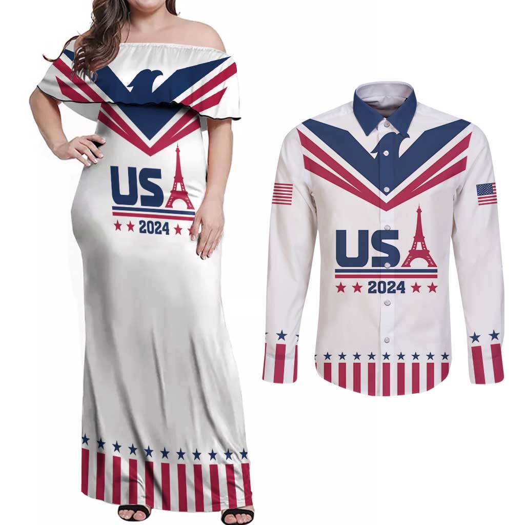 Custom USA 2024 Eiffel Tower Couples Matching Off Shoulder Maxi Dress and Long Sleeve Button Shirt United States Summer Sport - Wonder Print Shop