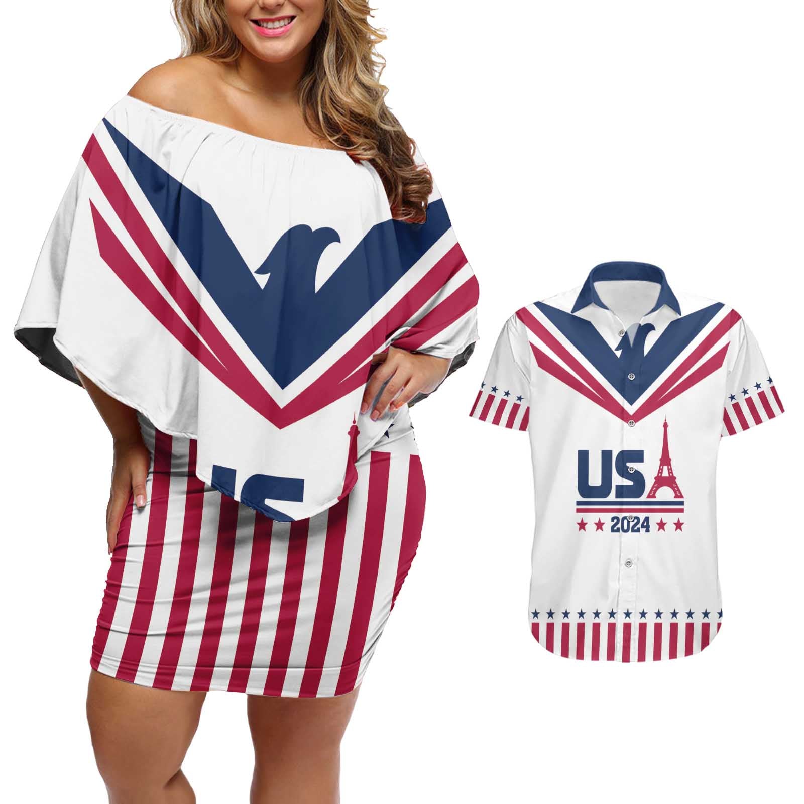 Custom USA 2024 Eiffel Tower Couples Matching Off Shoulder Short Dress and Hawaiian Shirt United States Summer Sport - Wonder Print Shop